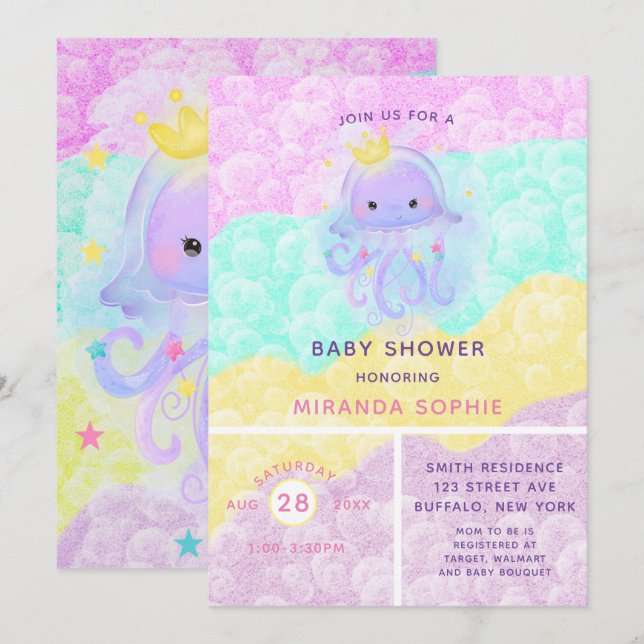 Cute Purple Princess Jellyfish Girl Baby Shower Invitation (Front/Back)