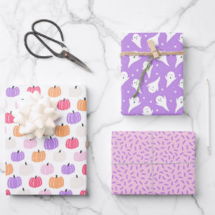 Cute purple pumpkin and ghost Halloween Wrapping Paper Sheet