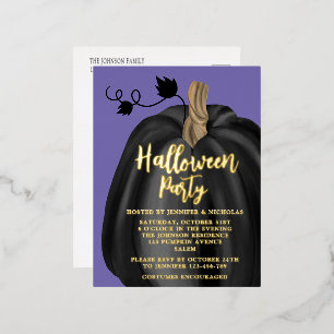 Cute Purple Pumpkin Halloween Gold Foil Invitation Postcard
