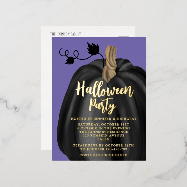 Cute Purple Pumpkin Halloween Gold Foil Invitation Postcard (Front/Back)