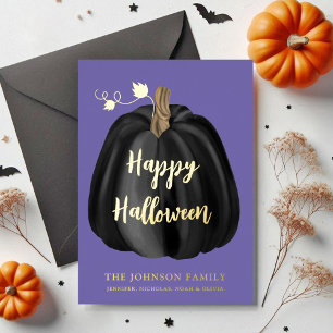 Cute Purple Pumpkin Happy Halloween Gold Foil Holiday Card
