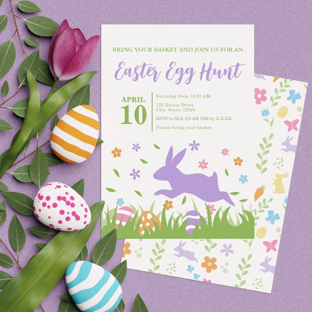 Cute Purple Rabbit Green Floral Easter Egg Hunt Invitation (Cute Purple Rabbit Green Floral Easter Egg Hunt Invitation)