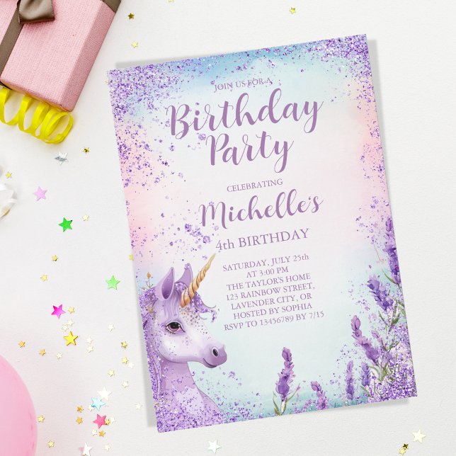 Cute Purple Rainbow Glitter Floral Unicorn Invitation (Creator Uploaded)
