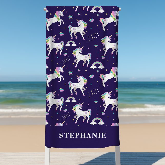 Cute Purple Rainbow Hearts And Stars Unicorn Beach Towel (Creator Uploaded)