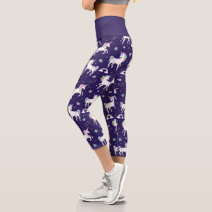 Cute Purple Rainbow Hearts And Stars Unicorn Capri Leggings