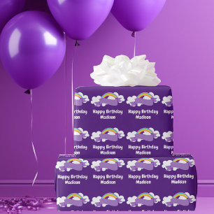 Cute Purple Rainbow Personalised Birthday Party Wrapping Paper
