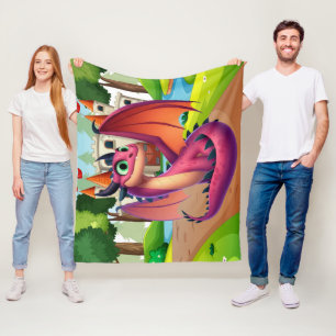 Cute purple/red cartoon dragon fleece blanket