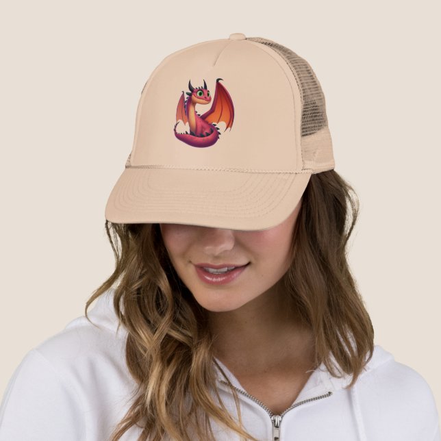 Cute purple/red cartoon dragon trucker hat (In Situ)