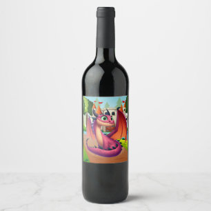 Cute purple/red cartoon dragon wine label