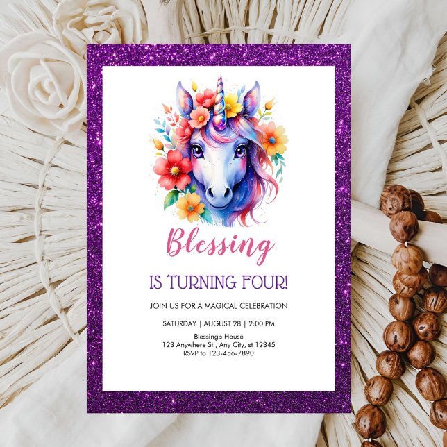 cute purple red glitter unicorn birthday invitation (Creator Uploaded)