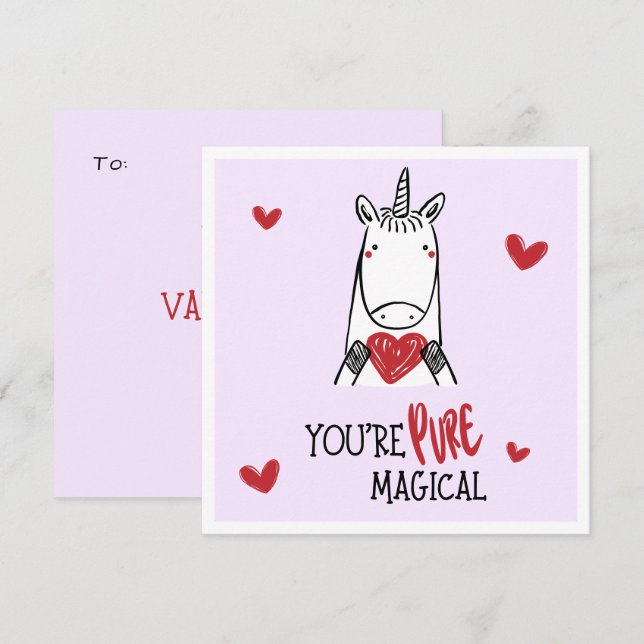 Cute Purple Red Hearts Unicorn Kids Valentines Day Card (Front/Back)
