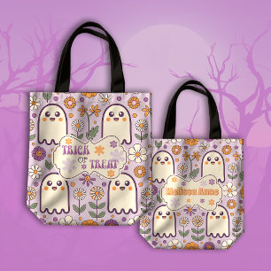 Cute Purple Retro Groovy Trick or Treat Halloween Tote Bag
