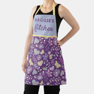 Cute Purple Retro Hearts Flowers Butterflies  Apron