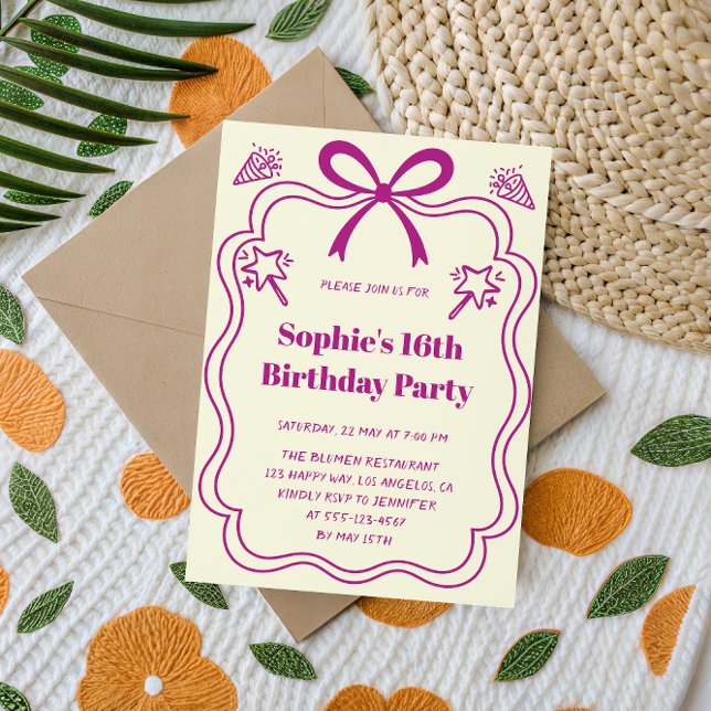 Cute Purple Ribbon Frame Sweet 16 Birthday Party Invitation (Creator Uploaded)