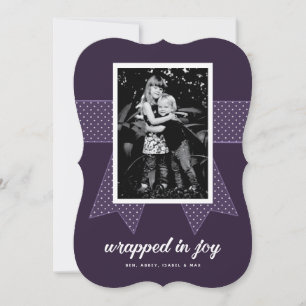 Cute Purple Ribbon Gift Wrapped in Joy Photo Holiday Card