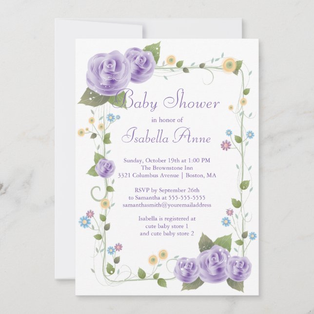Cute Purple Ribbon Roses Baby Girl Baby Shower Invitation (Front)