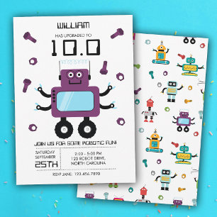 Cute Purple Robot Theme Kids Robots Birthday Party Invitation