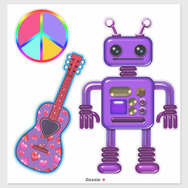 Cute Purple Robot with Peace Sign and Guitar (Sheet)