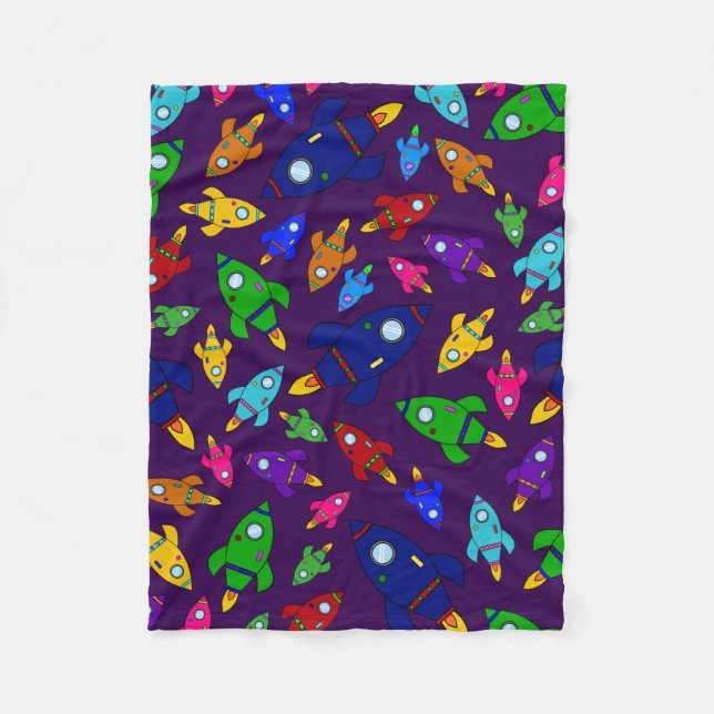 Cute purple rocket ships pattern fleece blanket (Front)