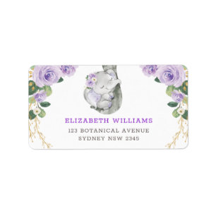 Cute Purple Roses Greenery Sleeping Baby Elephant Label