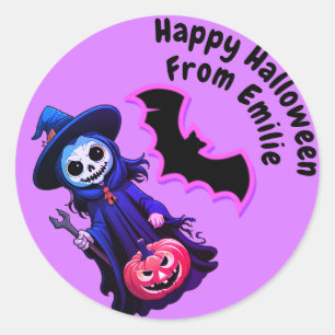 Cute purple Scarecrow and bat Halloween Classic Round Sticker