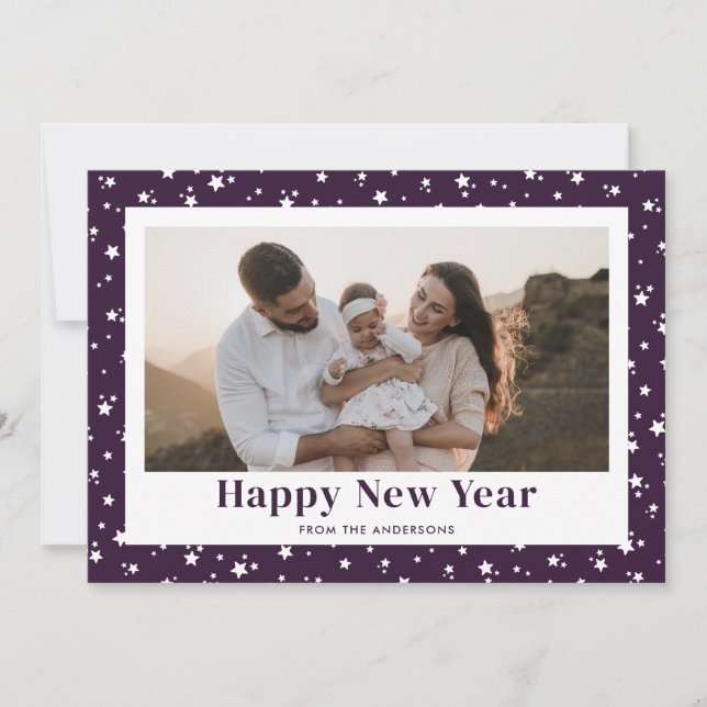 Cute Purple Script Photo Happy New Year Card (Front)