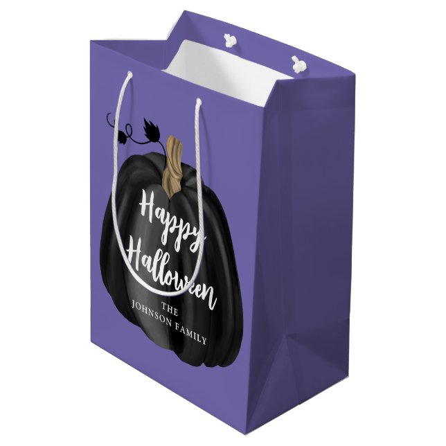Cute Purple Script Pumpkin Happy Halloween  Medium Gift Bag (Back Angled)