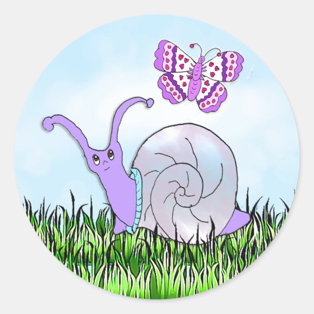 Cute Purple Snail and Butterfly Whimsical Classic Round Sticker (Front)