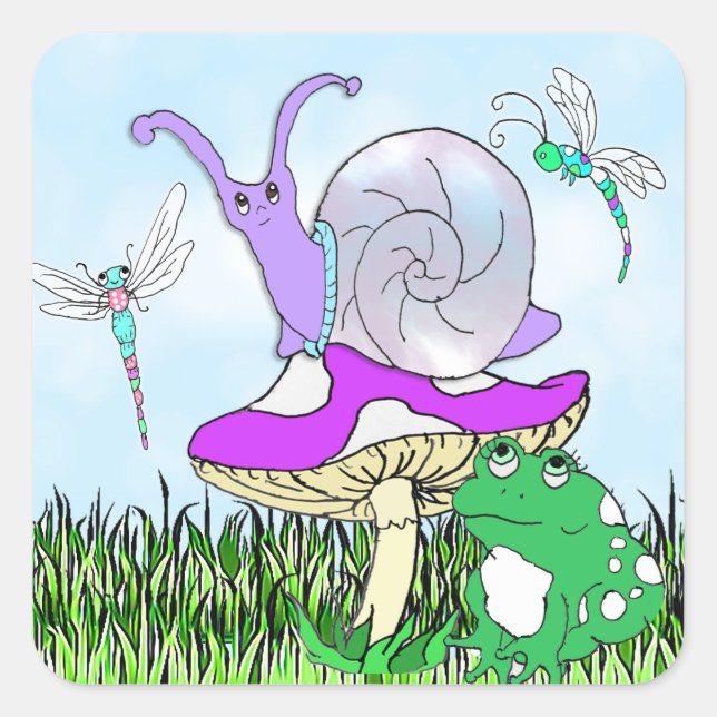 Cute Purple Snail, Frog and Dragonflies Square Sticker (Front)