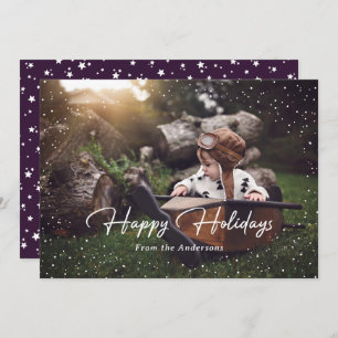 Cute Purple Snow Stars Photo Holiday Card
