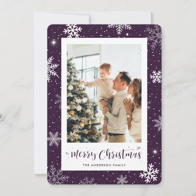 Cute Purple Snowflake Photo Christmas Card (Front)