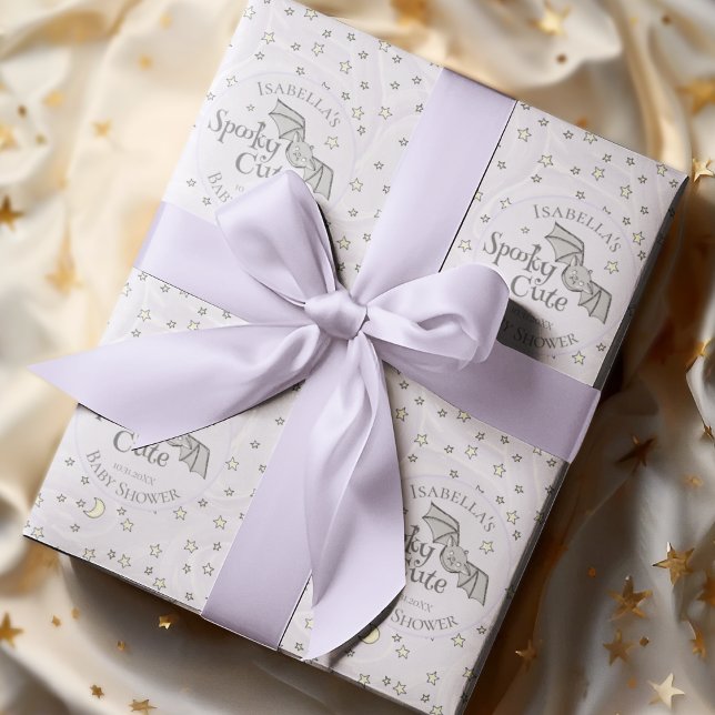 Cute Purple Spooky Cute October Baby Shower Wrapping Paper (Spooky Cute Fall Baby Shower Custom Wrapping Paper. Hand-Drawn Baby Bat, Moons & Stars in Purple)