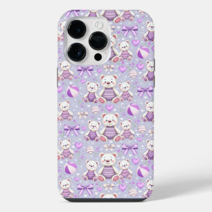 Cute Purple Striped Bear and Toys Seamles iPhone 14 Pro Max Case