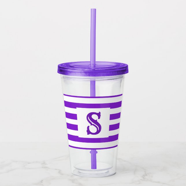 Cute purple Striped Design Single Initial Acrylic Tumbler (Front)
