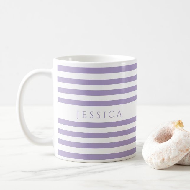 Cute Purple Stripes Pattern Name Coffee Mug (With Donut)