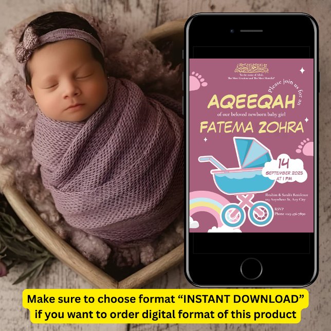 Cute Purple Stroller Baby Girl Muslim Aqeeqah Invitation (Creator Uploaded)