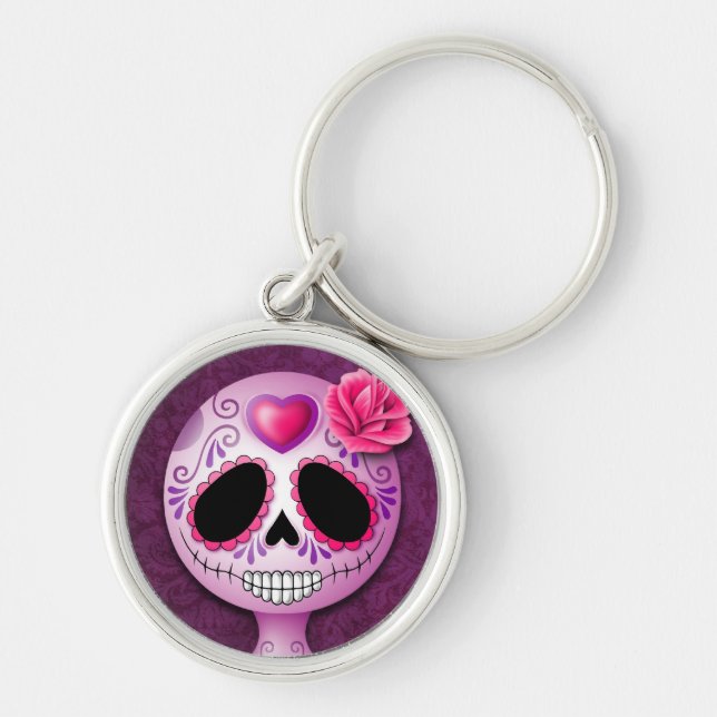 Cute Purple Sugar Skull Key Ring (Front)