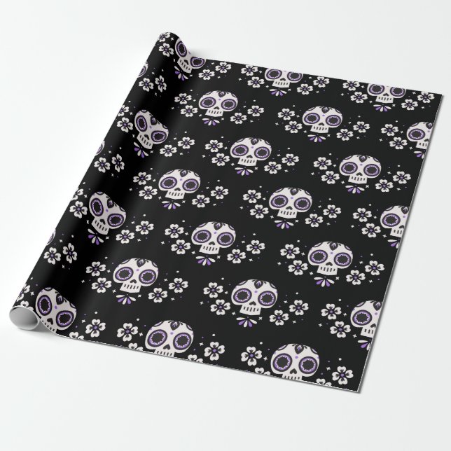 Cute Purple Sugar Skulls Dia De Los Muertos Floral Wrapping Paper (Unrolled)