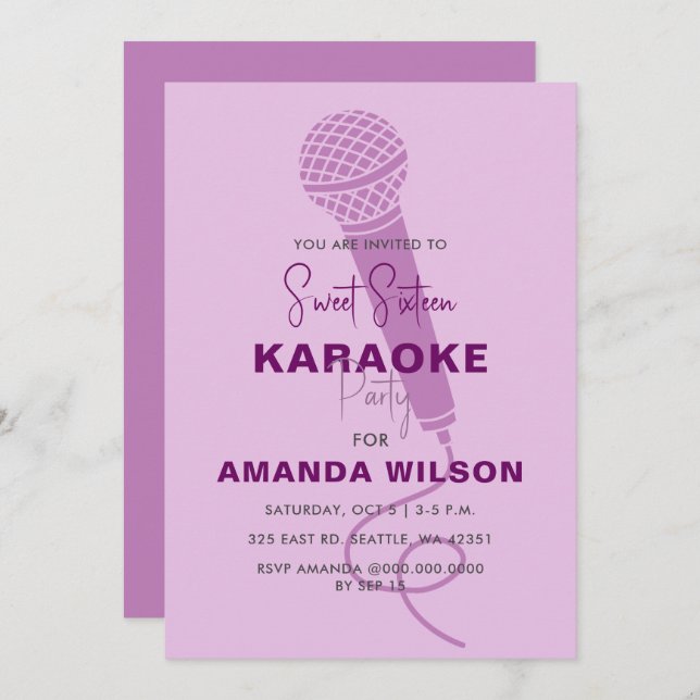Cute Purple Sweet 16 Birthday Karaoke Party  Invitation (Front/Back)