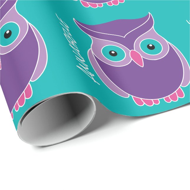 Cute Purple Teal Adorable Owl Personalised Girls Wrapping Paper (Roll Corner)
