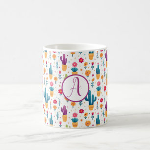 Cute Purple Teal Floral Cactus Script Monogram  Coffee Mug