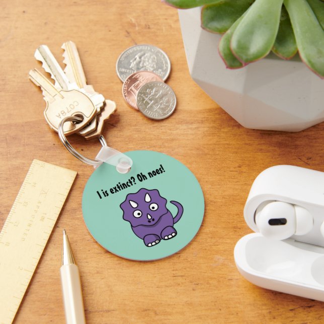 Cute Purple Triceratops Cartoon with Funny Extinct Key Ring (Desk)
