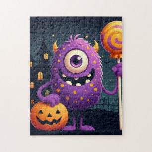 Cute, purple trick-or-treating monster jigsaw puzzle