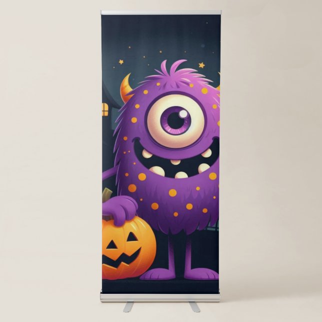 Cute, purple trick-or-treating monster retractable banner (Front)