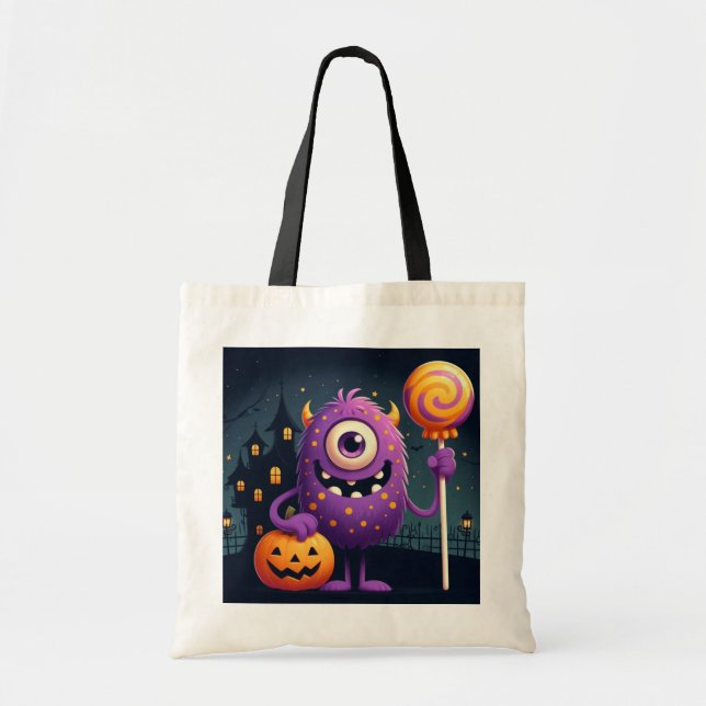 Cute, purple trick-or-treating monster tote bag (Front)