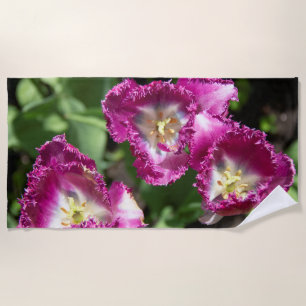 Cute purple tulips in the garden beach towel