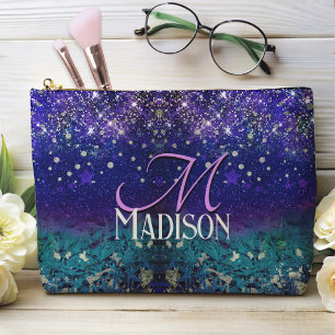 Cute purple turquoise ombre glitter monogram accessory pouch