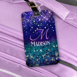 Cute purple turquoise ombre glitter monogram luggage tag