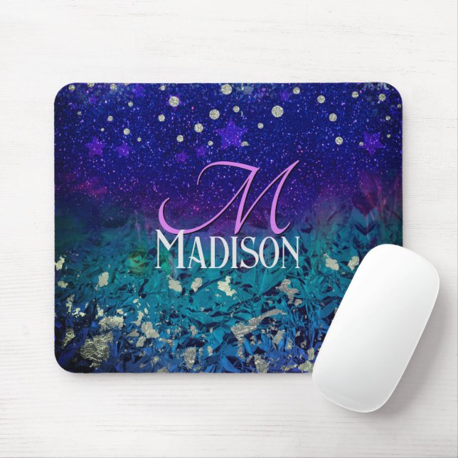 Cute purple turquoise ombre glitter monogram mouse mat (With Mouse)
