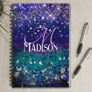 Cute purple turquoise ombre glitter monogram notebook